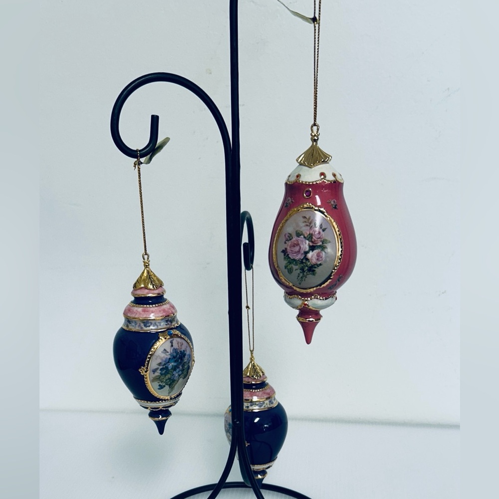 The Bradford Edition 1999 Set of 3 Porcelain Roses Violets Asters Xmas Ornaments